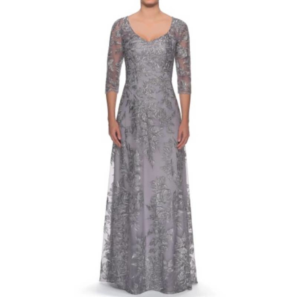 NWT La Femme Floral Embroidered Mesh A-Line Gown Size 16